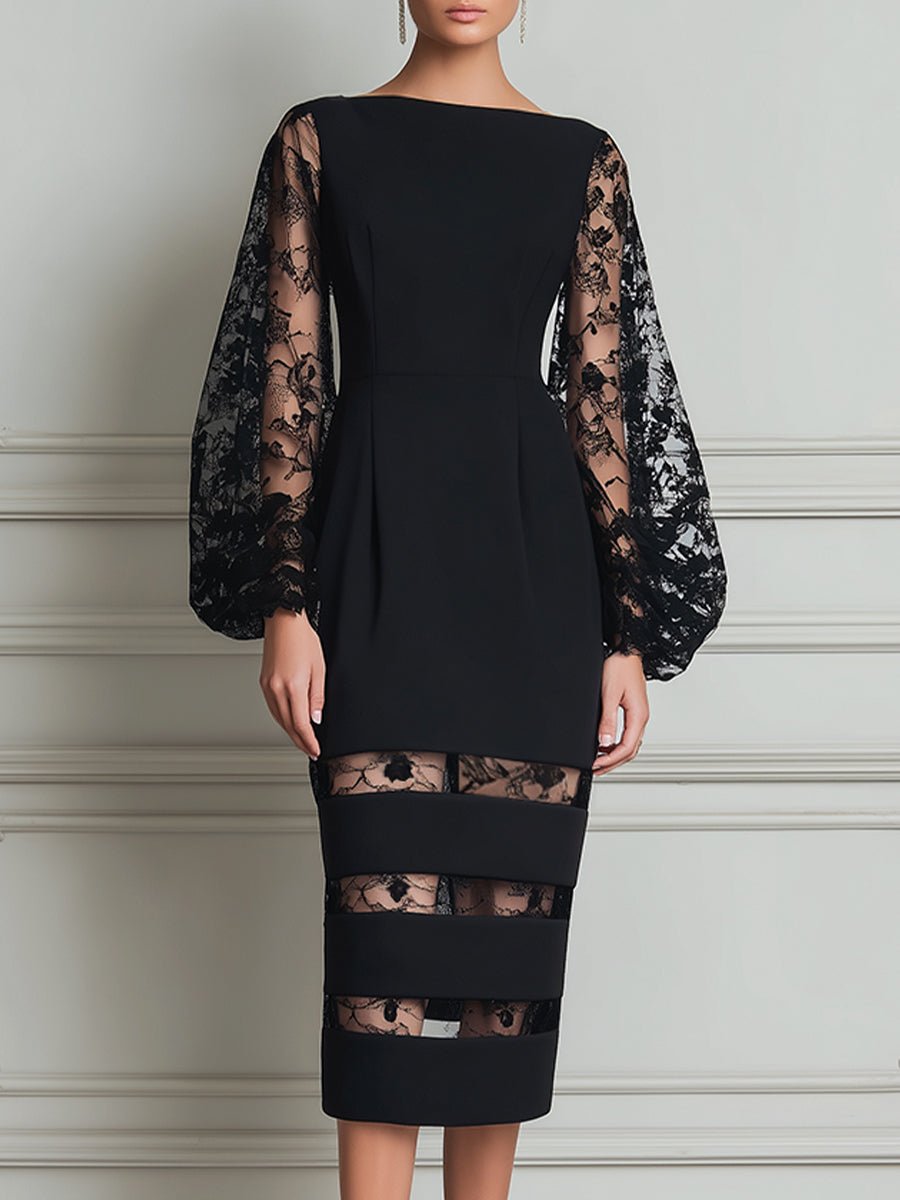 Bateau Neck Floral Lace Balloon Sleeve Sheer-Stripe Hem Bodycon Midi Dress
