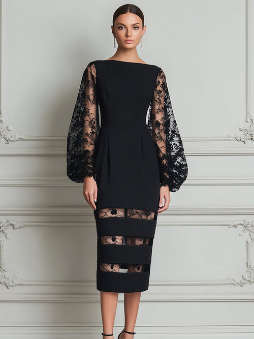Bateau Neck Floral Lace Balloon Sleeve Sheer-Stripe Hem Bodycon Midi Dress