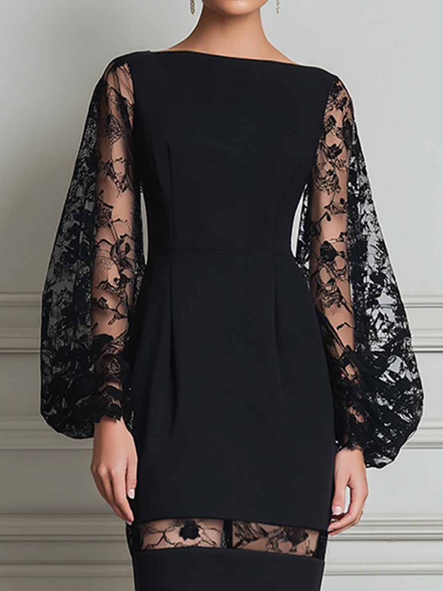 Bateau Neck Floral Lace Balloon Sleeve Sheer-Stripe Hem Bodycon Midi Dress