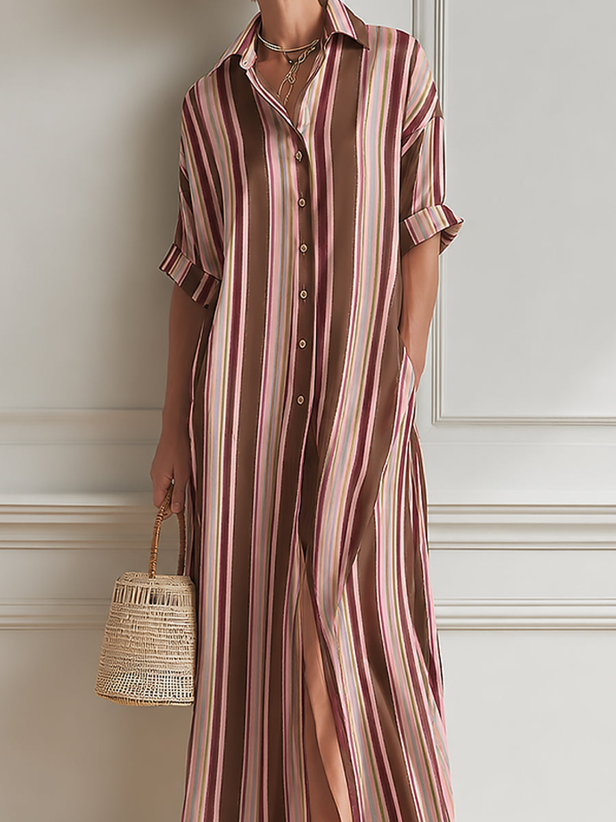 Elegant Striped Single-breasted Straight-cut Maxi Dress