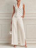 French-style Polka-dot Ruffle-trim Blouse & Side-slit Wide-leg Pants Set