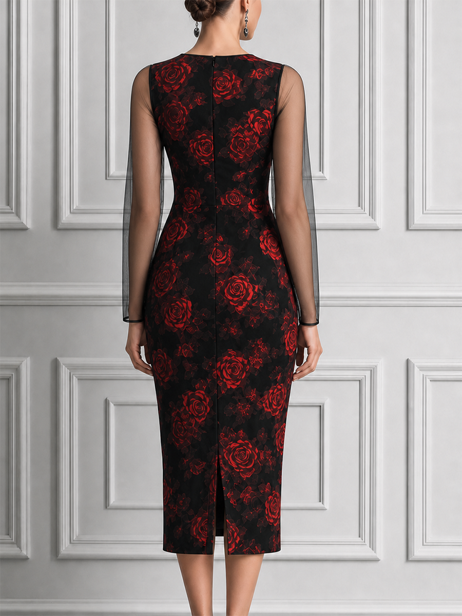 Black Red Rose Print Sheer Sleeve Pencil Midi Dress