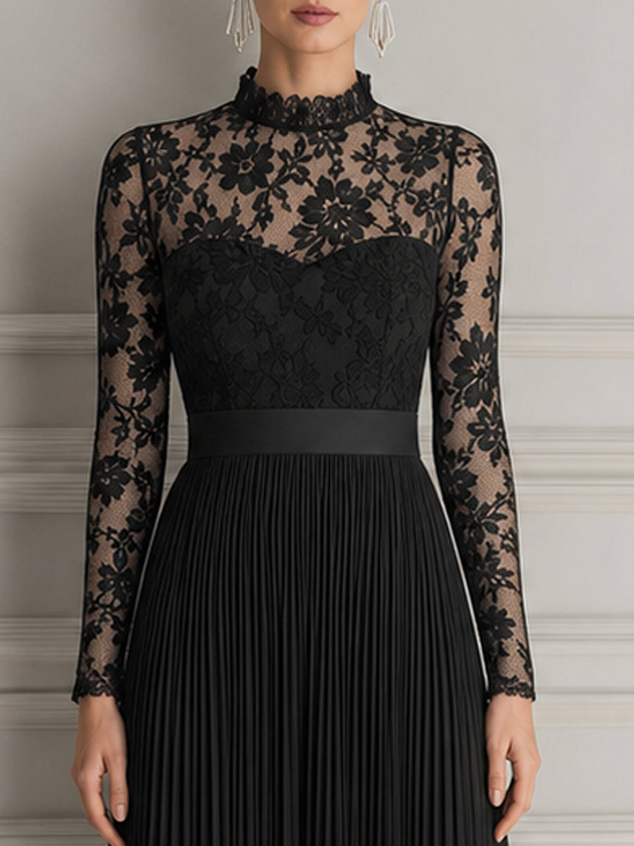 Elegant Floral Lace Pleated Chiffon Maxi Evening Dress