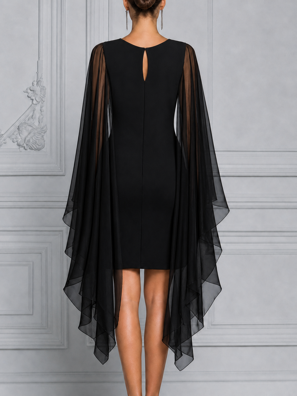 Black Sheer Chiffon Cape Sleeve  Overlay Pencil  Dress