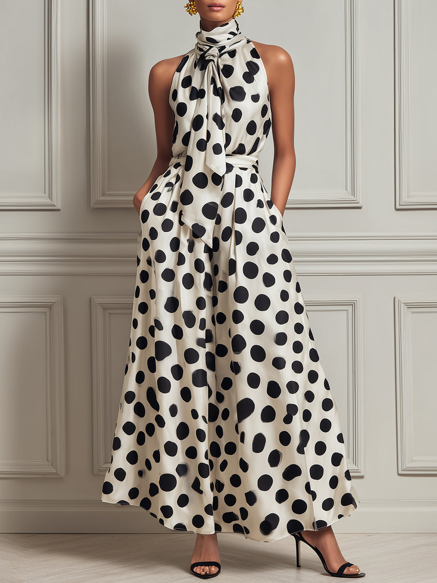 Elegant Satin Polka-dot Sleeveless Maxi Dress With A Tie-neck Detail