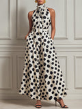 Elegant Satin Polka-dot Sleeveless Maxi Dress With A Tie-neck Detail