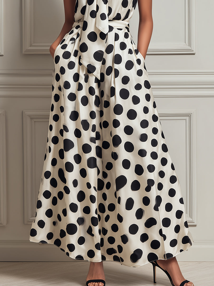 Elegant Satin Polka-dot Sleeveless Maxi Dress With A Tie-neck Detail