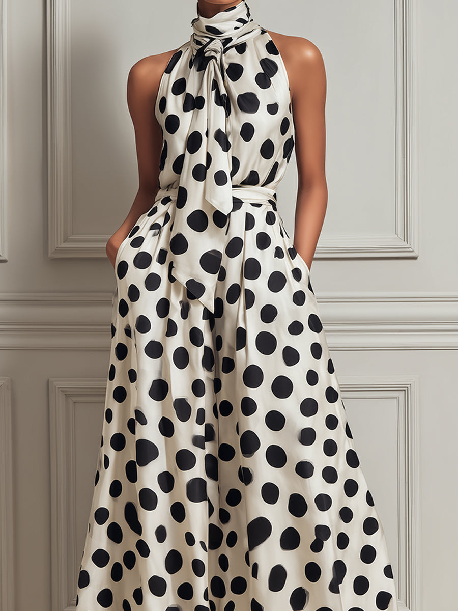 Elegant Satin Polka-dot Sleeveless Maxi Dress With A Tie-neck Detail