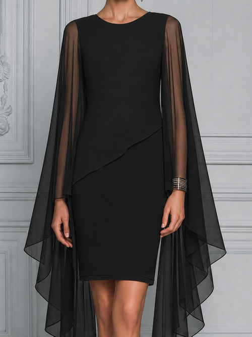 Black Sheer Chiffon Cape Sleeve  Overlay Pencil  Dress