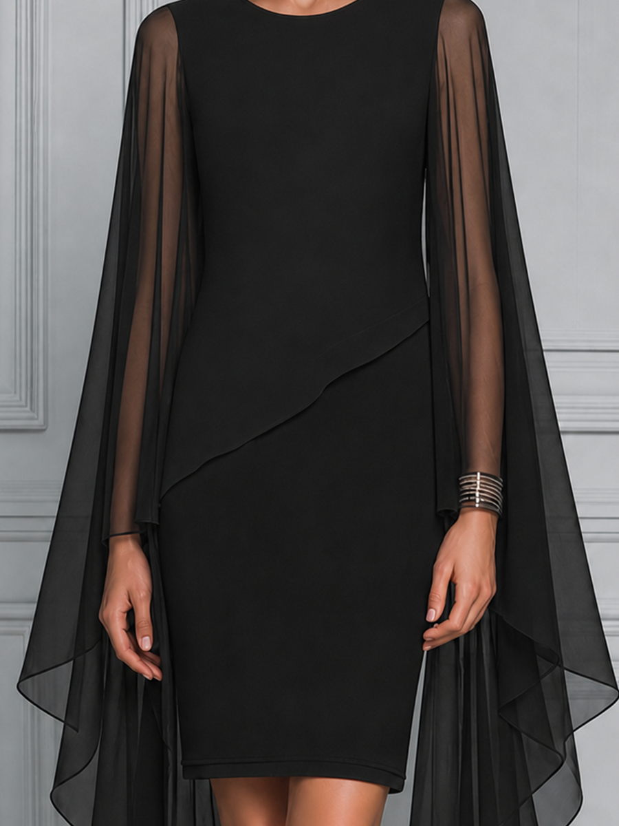 Black Sheer Chiffon Cape Sleeve  Overlay Pencil  Dress