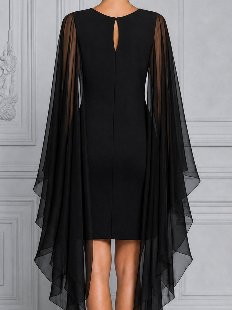 Black Sheer Chiffon Cape Sleeve  Overlay Pencil  Dress