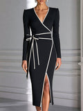 Contrast Trim Wrap Bow Belt Formal Midi Dress