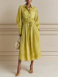 French-style Tencel Patch Pockets Long-sleeve Midi Dress With Belt