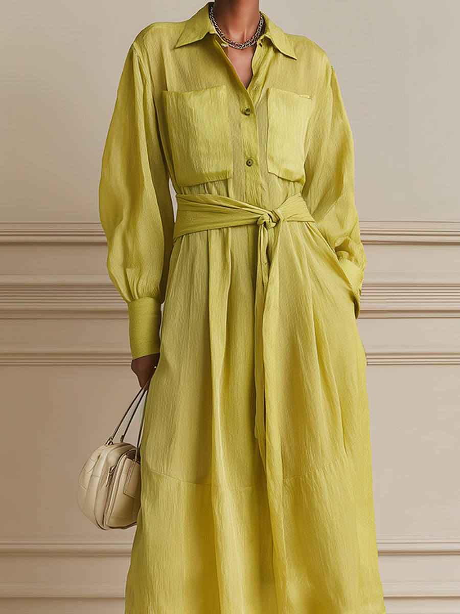 French-style Tencel Patch Pockets Long-sleeve Midi Dress With Belt