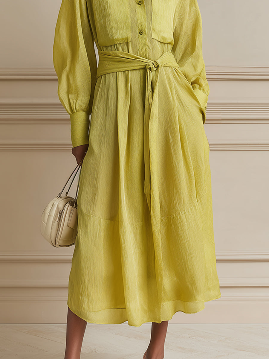 French-style Tencel Patch Pockets Long-sleeve Midi Dress With Belt