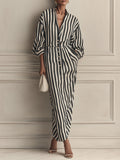 Dropped Shoulders Striped Cocoon-silhouette Maxi Dress With Lantern Sleeves