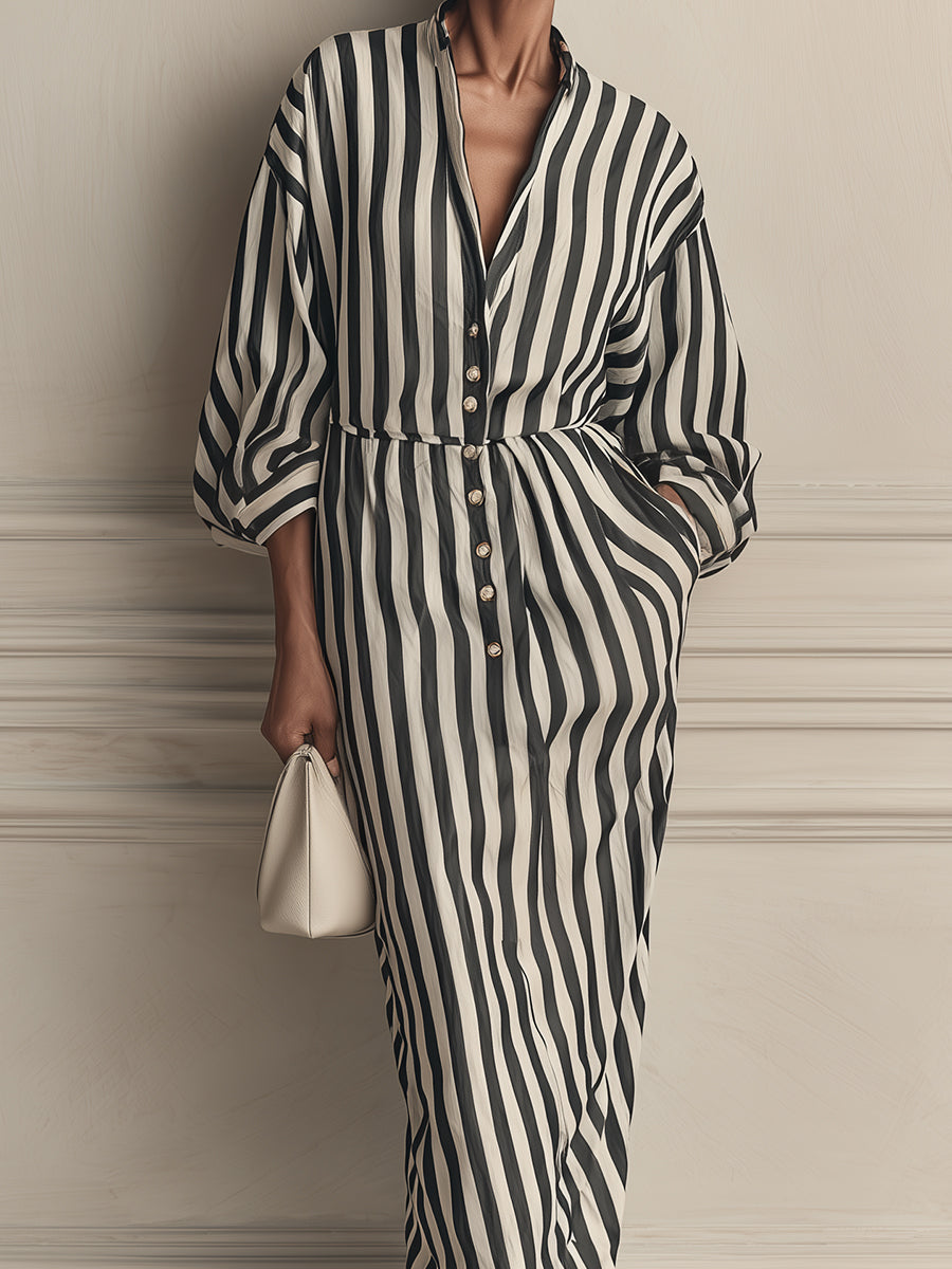 Dropped Shoulders Striped Cocoon-silhouette Maxi Dress With Lantern Sleeves