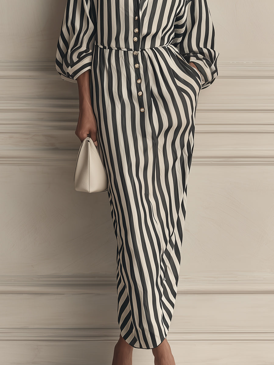 Dropped Shoulders Striped Cocoon-silhouette Maxi Dress With Lantern Sleeves