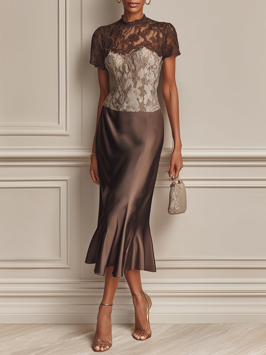 Elegant Lace Splicing Satin Fishtail Hem Midi Dress