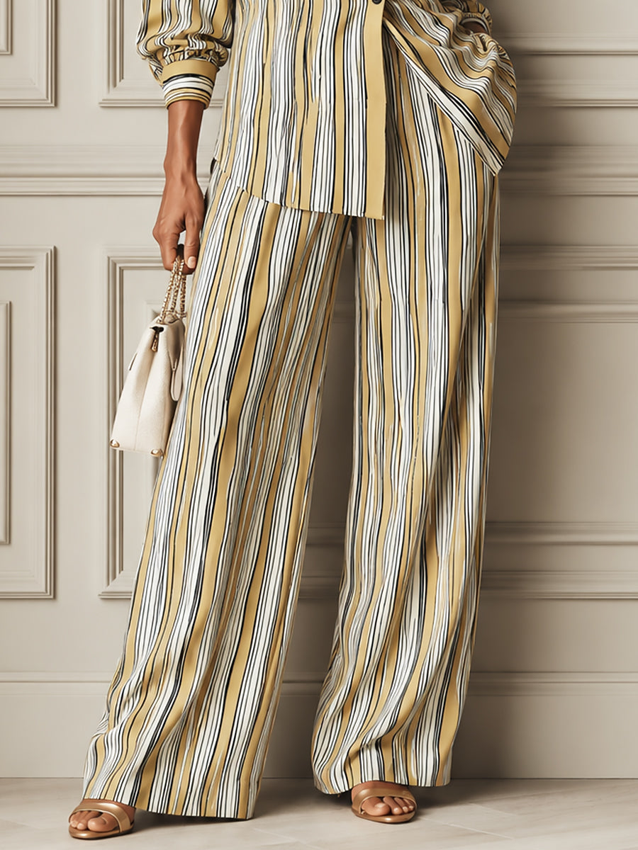 Stylish Striped Long-Sleeve Blouse & Wide-Leg Pants Set