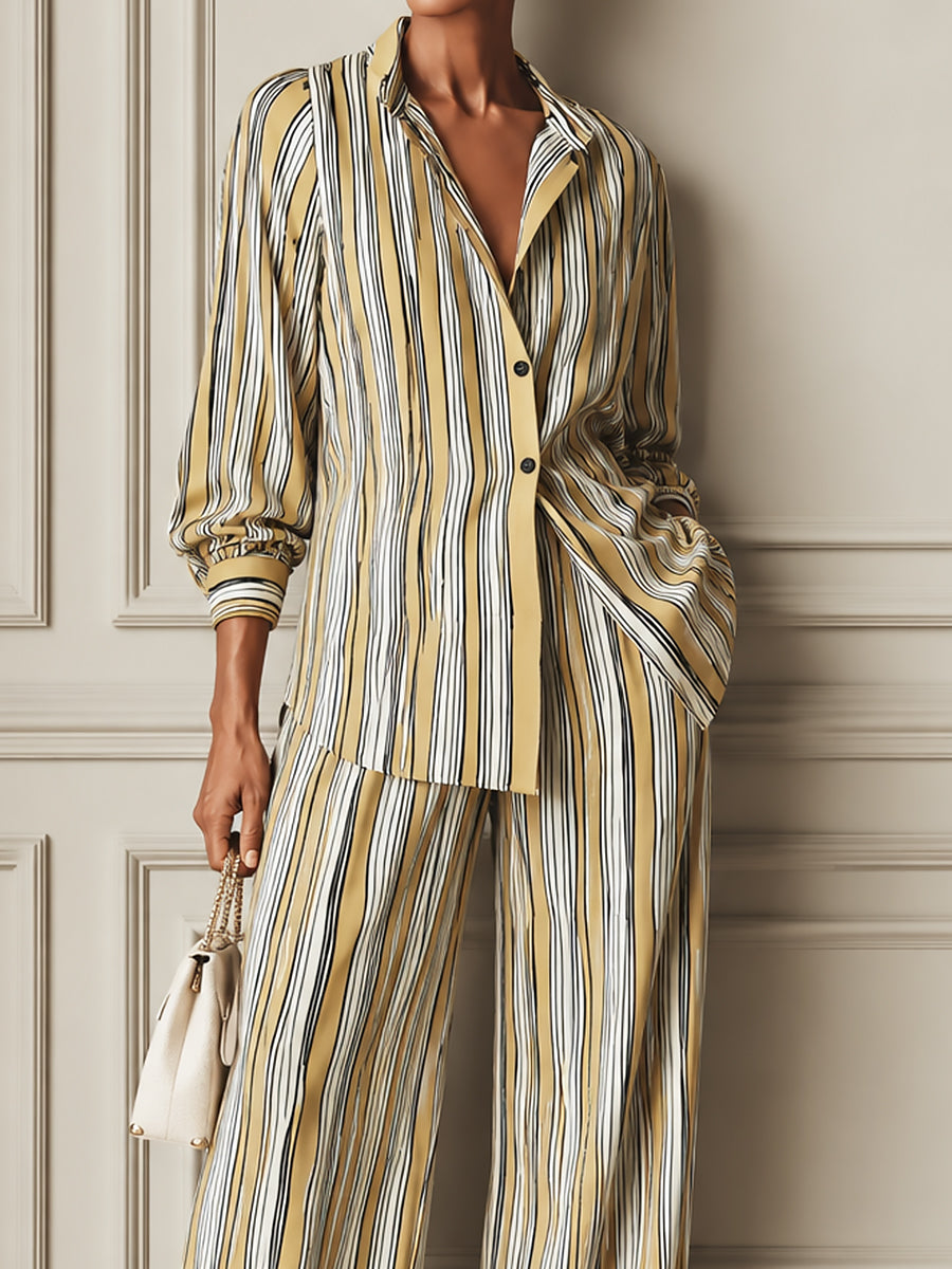Stylish Striped Long-Sleeve Blouse & Wide-Leg Pants Set