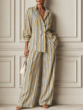 Stylish Striped Long-Sleeve Blouse & Wide-Leg Pants Set