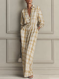 French-style Relaxed Plaid Collared Long-sleeve Straight-cut Maxi Dress