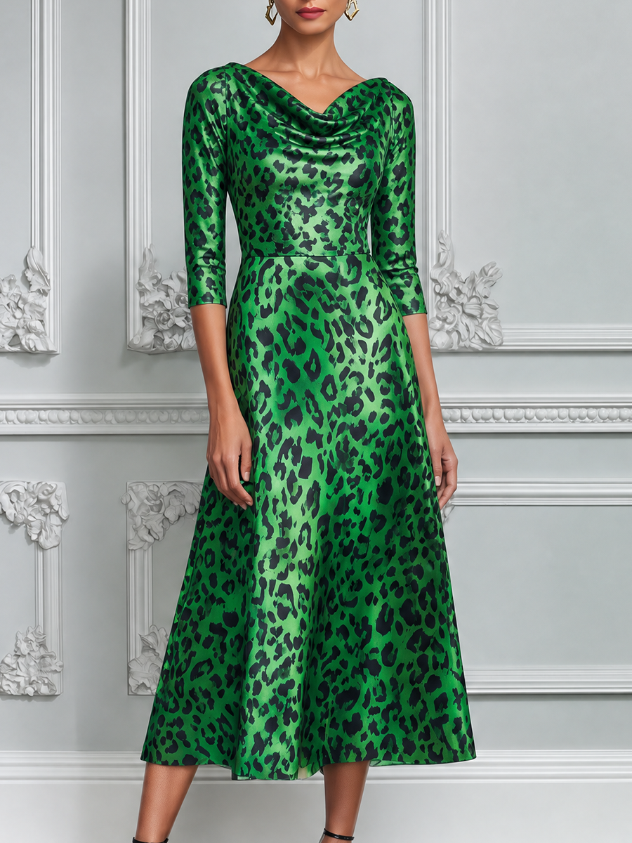 Emerald Green Leopard Print Cowl Neck A-Line Midi Dress