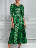 Emerald Green Leopard Print Cowl Neck A-Line Midi Dress