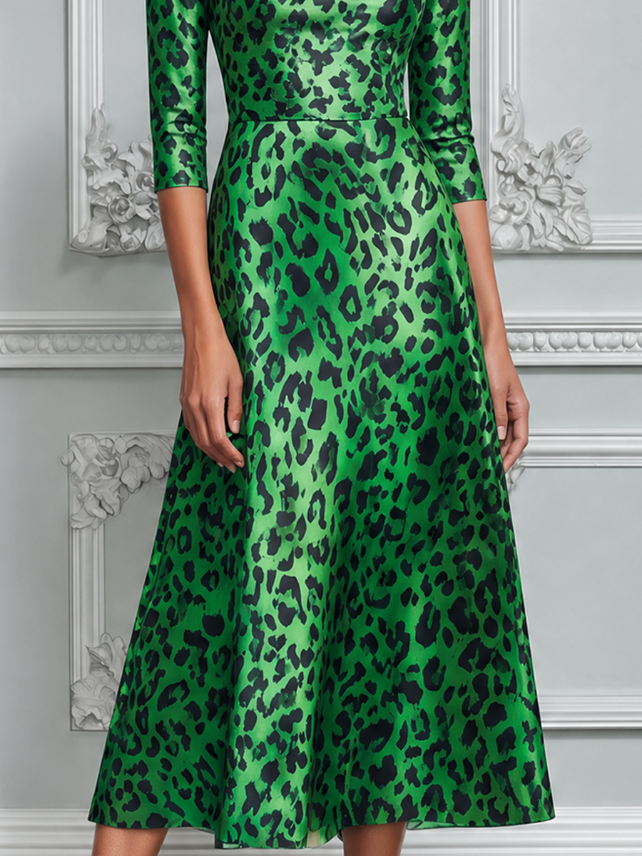 Emerald Green Leopard Print Cowl Neck A-Line Midi Dress