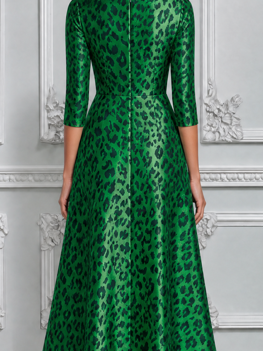 Emerald Green Leopard Print Cowl Neck A-Line Midi Dress