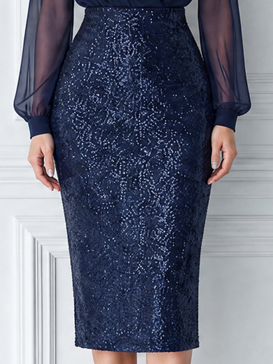 Sheer Chiffon Blouse & Sequin Midi Skirt Two-Piece Set
