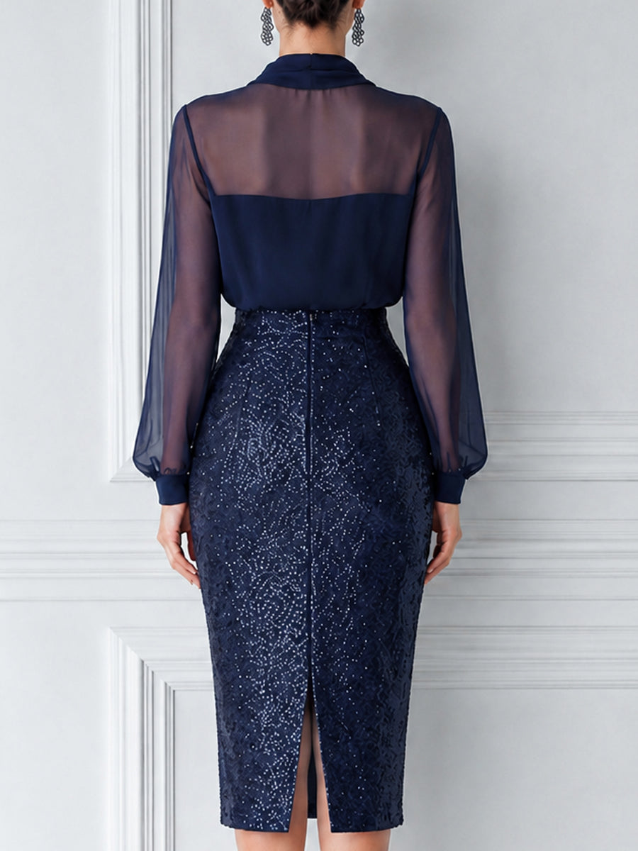 Sheer Chiffon Blouse & Sequin Midi Skirt Two-Piece Set