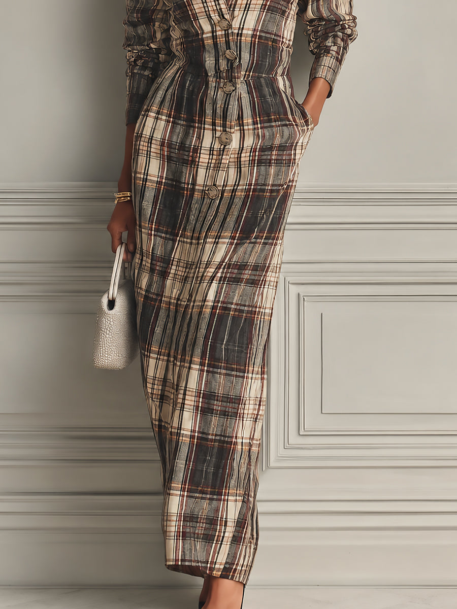 French-style Plaid V-neck Column Maxi Dress With Button Detailing