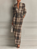 French-style Plaid V-neck Column Maxi Dress With Button Detailing
