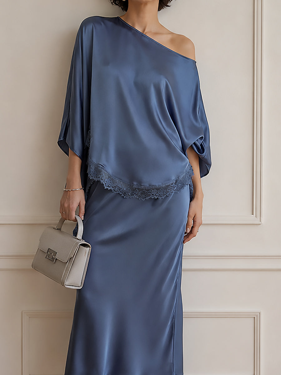 Elegant One-Shoulder Satin Blouse & Lace-Trimmed Skirt Set