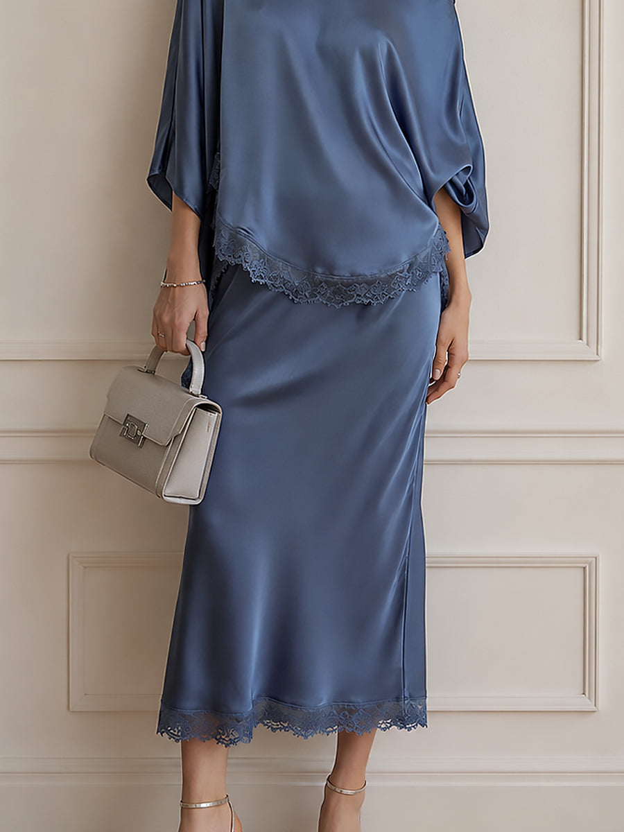 Elegant One-Shoulder Satin Blouse & Lace-Trimmed Skirt Set