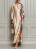 Elegant Long-sleeved Satin Maxi Dress With A Color-block Striped Print