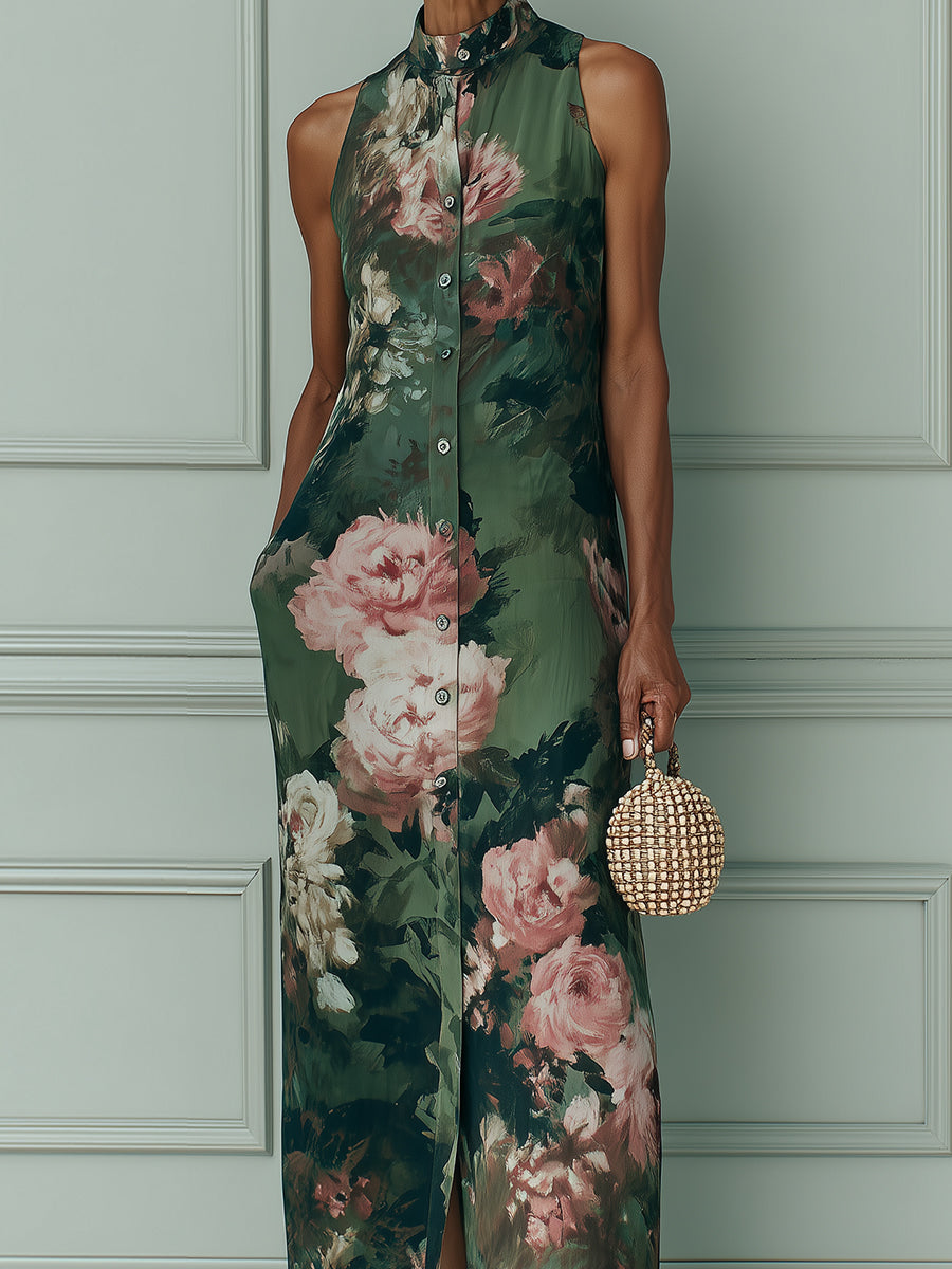 Vintage-style Floral Oil Painting Print Mock-neck Straight-cut Maxi Dress