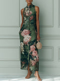 Vintage-style Floral Oil Painting Print Mock-neck Straight-cut Maxi Dress