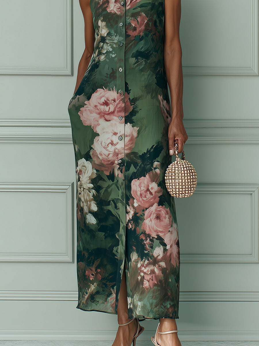 Vintage-style Floral Oil Painting Print Mock-neck Straight-cut Maxi Dress