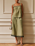 Minimalist Cotton-Linen Lettuce-Edge Camisole & Lace-Trimmed Skirt Set