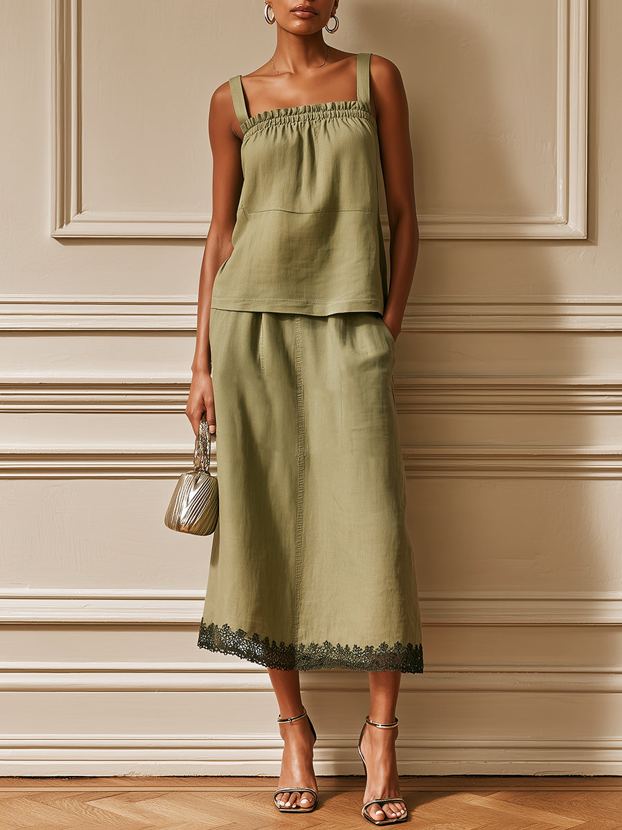 Minimalist Cotton-Linen Lettuce-Edge Camisole & Lace-Trimmed Skirt Set