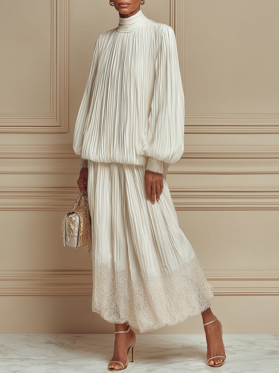 Elegant Pleated Lantern Sleeves Maxi Dress With Lace Trim