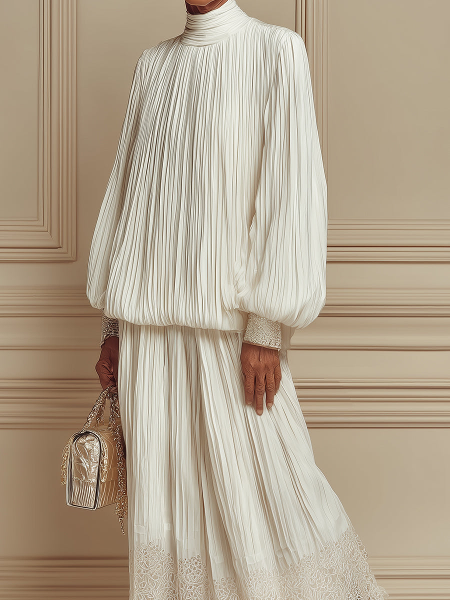 Elegant Pleated Lantern Sleeves Maxi Dress With Lace Trim