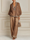 Stylish Crinkled-fabric Lantern-sleeve Blouse & Lace-trimmed Wide-leg Pants Set