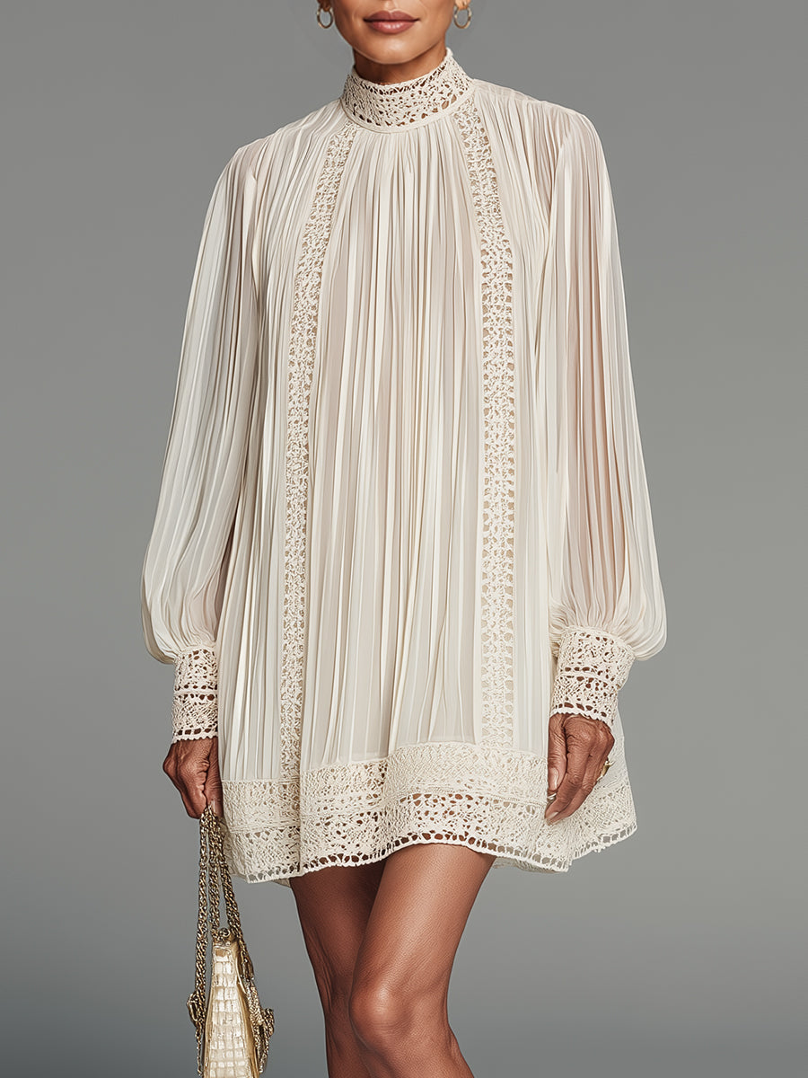 Elegant Lantern Sleeves Pleated Chiffon Mini Dress With Lace Trim