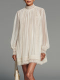 Elegant Lantern Sleeves Pleated Chiffon Mini Dress With Lace Trim