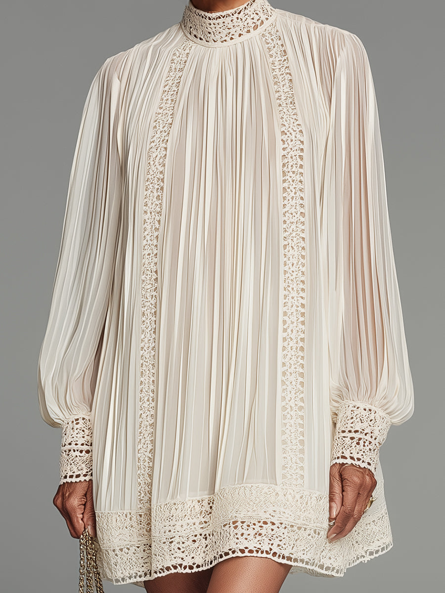 Elegant Lantern Sleeves Pleated Chiffon Mini Dress With Lace Trim