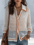Casual Elegant Loose-Knit Piped-Trim Button-Up White Cardigan